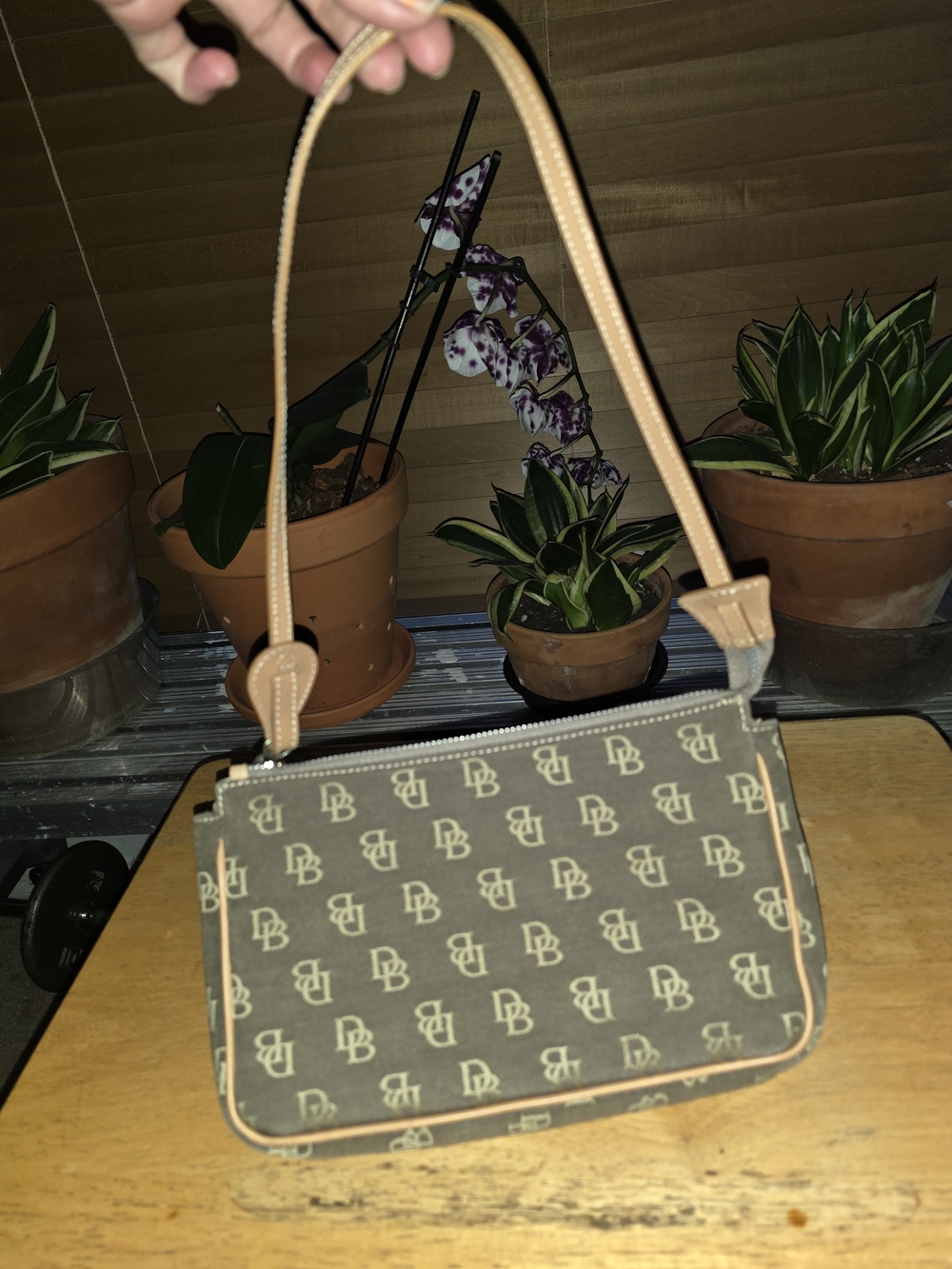 Dooney & Bourke Brown Monogram Shoulder Bag with Tan Trim